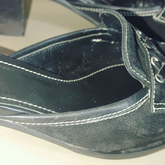 Coach Black Leather Size 7.5 Block Heels Slip On Mules Loafers Iris Suede Square - Picture 12 of 14